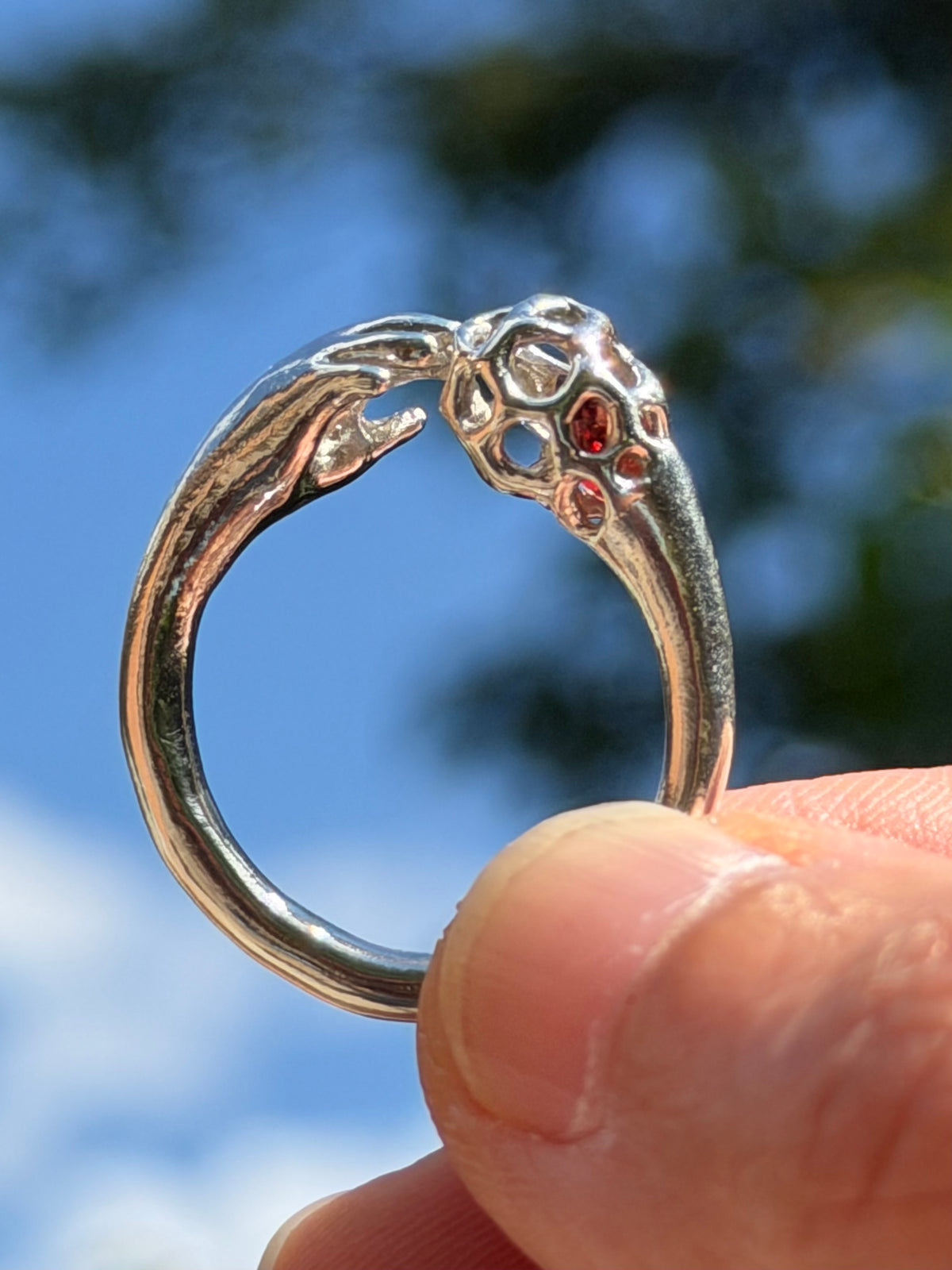 Alien Mycelium ring with garnet and topaz core