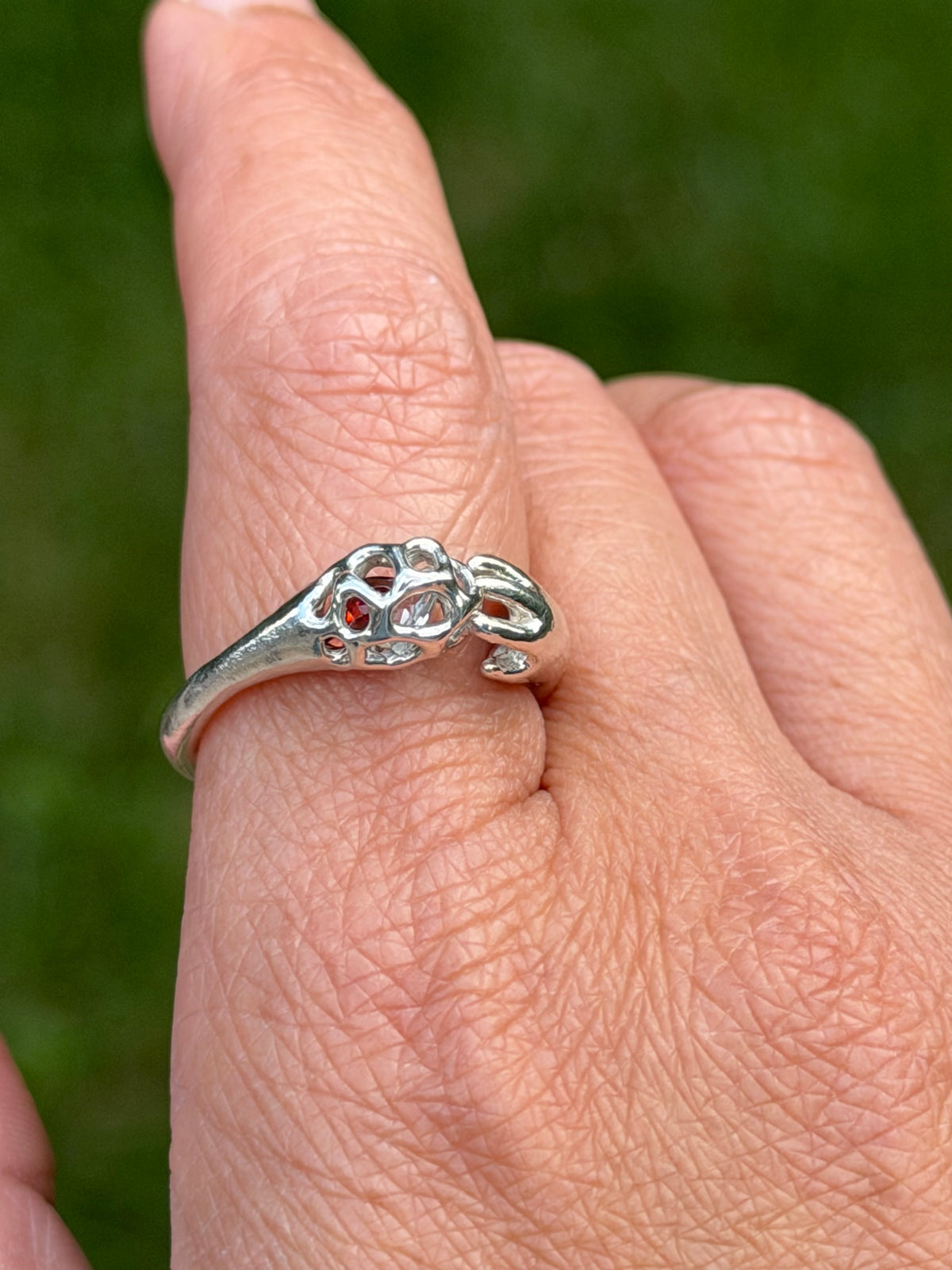 Alien Mycelium ring with garnet and topaz core