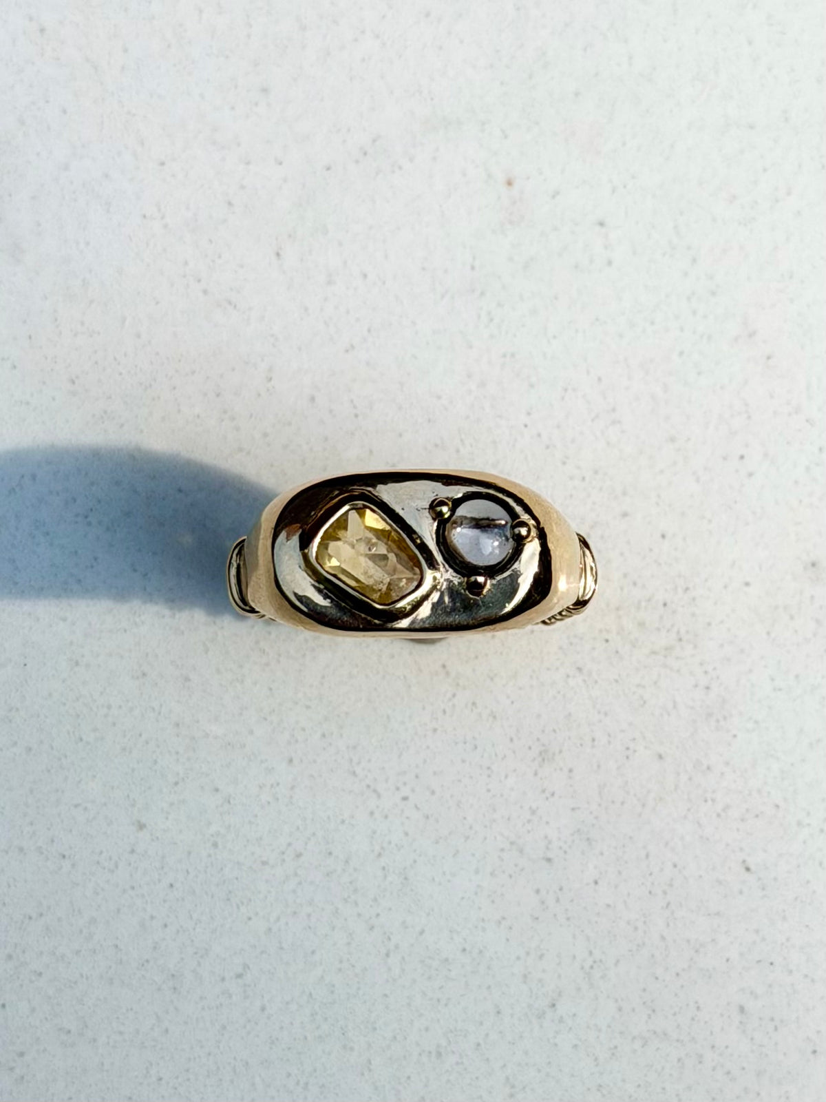 14k Dinner ring with yellow and blue-violet sapphires.
